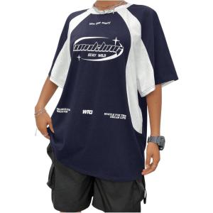 imageSHENHE Womens Oversized Vintage Graphic Tee Short Sleeve Color Block Jersey Shirt TopDark Blue
