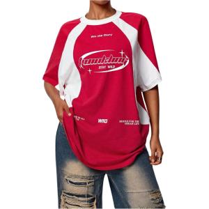 imageSHENHE Womens Oversized Vintage Graphic Tee Short Sleeve Color Block Jersey Shirt TopRed