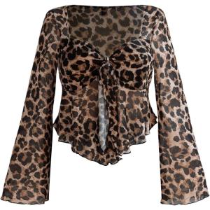 imageSHENHE Womens Plus Size Leopard Print T Shirt Long Bell Sleeve Tie Front Tee Shirts Sheer Mesh TopsMulticolor
