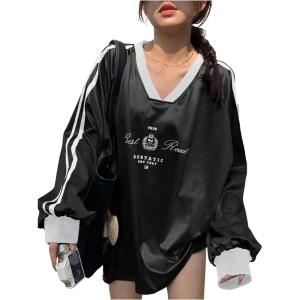 imageSHENHE Womens Satin Graphic Tee Shirt Long Sleeve V Neck Loose Fit Y2k Silky Top JerseyBlack