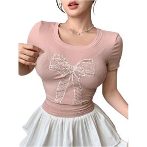 imageSHENHE Womens Sequin Bow Top Y2K Ribbed Knit Tshirt Short Sleeve Cute Summer TeePink