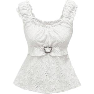 imageSHENHE Womens Square Neck Smocked Ruched Sleeveless Eyelet Peplum Top Kawaii Cute TopApricot