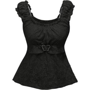 imageSHENHE Womens Square Neck Smocked Ruched Sleeveless Eyelet Peplum Top Kawaii Cute TopBlack