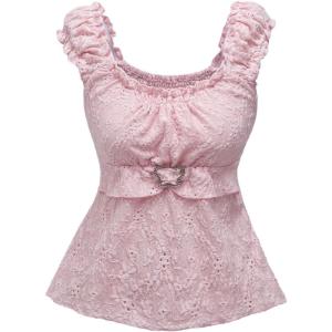 imageSHENHE Womens Square Neck Smocked Ruched Sleeveless Eyelet Peplum Top Kawaii Cute TopPink