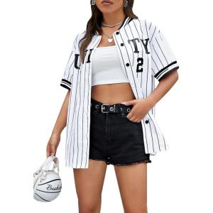 imageSHENHE Womens Striped Oversized Tops Button Down Short Sleeve Shirt Baseball Jersey BlouseWhite