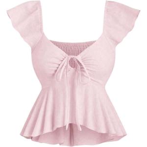 imageSHENHE Womens Sweetheart Neck Smocked Tie Front Flutter Sleeve Ruffle Peplum Top Blouse Pink Medium