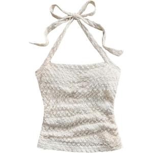 imageSHENHE Womens Tie Halter Neck Backless Ruched Slim Fit Textured Summer Cute Crop TopBeige