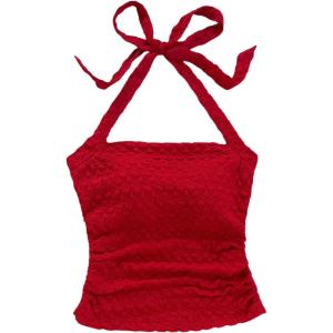 imageSHENHE Womens Tie Halter Neck Backless Ruched Slim Fit Textured Summer Cute Crop TopRed