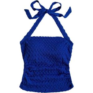 imageSHENHE Womens Tie Halter Neck Backless Ruched Slim Fit Textured Summer Cute Crop TopRoyal Blue