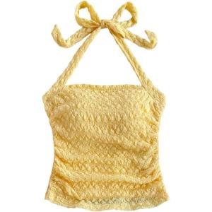 imageSHENHE Womens Tie Halter Neck Backless Ruched Slim Fit Textured Summer Cute Crop TopYellow