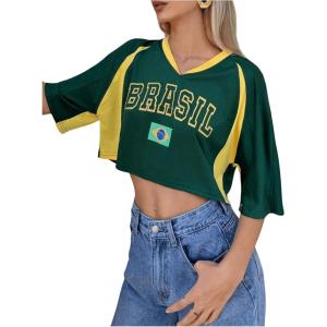 imageSHENHE Womens Y2k Soccer Jersey Top Brazil Crop Top Short Sleeve Graphic Loose Jersey ShirtGreen