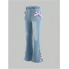 imageSHENHE Girls High Waisted Flare Leg Jeans Split Raw Hem Denim Pants with PocketsLight Wash Blue Bow