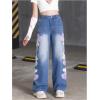 imageSHENHE Girls Straight Leg Jeans Heart Print Elastic Waist Cute Denim Pants JeansDark Blue