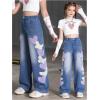 imageSHENHE Girls Straight Leg Jeans Heart Print Elastic Waist Cute Denim Pants JeansDark Blue