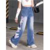 imageSHENHE Girls Straight Leg Jeans Heart Print Elastic Waist Cute Denim Pants JeansDark Blue