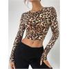 imageSHENHE Womens Cheetah Print Crew Neck Long Sleeve T Shirt Slim Fit Crop TopsMulticolor