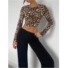 imageSHENHE Womens Cheetah Print Crew Neck Long Sleeve T Shirt Slim Fit Crop TopsMulticolor