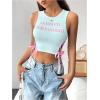 imageSHENHE Womens Letter Print Lace Up Round Neck Slim Fit Crop Going Out Tank TopsBlue