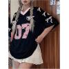 imageSHENHE Womens Plus Size Y2k Oversized Jersey Top Bow Graphic V Neck Half Sleeve Tee ShirtBlack