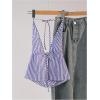 imageSHENHE Womens Striped Tie Front Top Open Back Deep V Halter Sexy Going Out Y2k Crop TopBlue