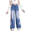 imageSHENHE Girls Straight Leg Jeans Heart Print Elastic Waist Cute Denim Pants JeansDark Blue
