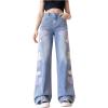imageSHENHE Girls Straight Leg Jeans Heart Print Elastic Waist Cute Denim Pants JeansLight Wash
