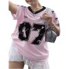 imageSHENHE Womens Plus Size Y2k Oversized Jersey Top Bow Graphic V Neck Half Sleeve Tee ShirtMulticolor