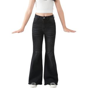 imageSHENHE Girls High Waisted Flare Leg Jeans Split Raw Hem Denim Pants with PocketsBlack