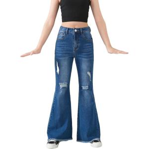 imageSHENHE Girls High Waisted Flare Leg Jeans Split Raw Hem Denim Pants with PocketsDark Wash