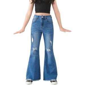 imageSHENHE Girls High Waisted Flare Leg Jeans Split Raw Hem Denim Pants with PocketsMedium Wash