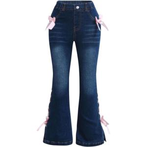 imageSHENHE Girls High Waisted Flare Leg Jeans Split Raw Hem Denim Pants with PocketsPink Bow Blue