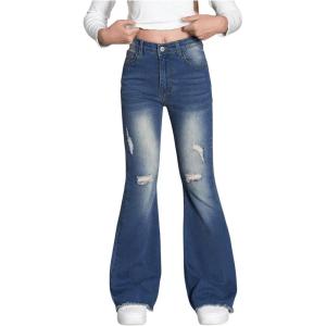 imageSHENHE Girls High Waisted Flare Leg Jeans Split Raw Hem Denim Pants with PocketsRetro Blue