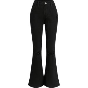 imageSHENHE Girls High Waisted Flare Leg Jeans Split Raw Hem Denim Pants with PocketsSoild Black