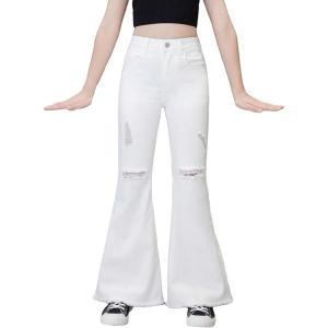 imageSHENHE Girls High Waisted Flare Leg Jeans Split Raw Hem Denim Pants with PocketsWhite