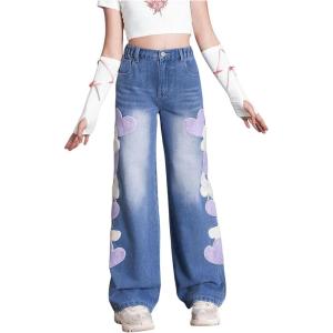 imageSHENHE Girls Straight Leg Jeans Heart Print Elastic Waist Cute Denim Pants JeansDark Blue