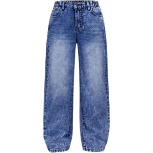 imageSHENHE Girls Wide Leg Jeans Casual Elastic Waist Loose Jeans Denim Pants with PocketsDark Wash Blue