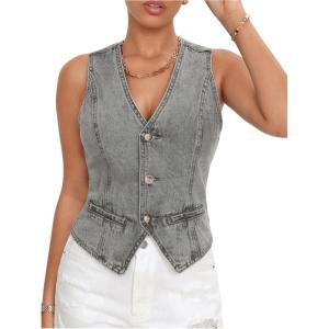 imageSHENHE Womens Button Down Denim Vest Top Sleeveless V Neck Jean Waistcoat Vest Y2K Summer Crop TopsLight Grey
