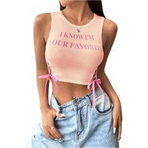 imageSHENHE Womens Letter Print Lace Up Round Neck Slim Fit Crop Going Out Tank TopsDusty Pink