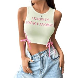 imageSHENHE Womens Letter Print Lace Up Round Neck Slim Fit Crop Going Out Tank TopsLight Green