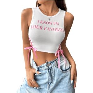 imageSHENHE Womens Letter Print Lace Up Round Neck Slim Fit Crop Going Out Tank TopsWhite