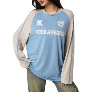 imageSHENHE Womens Oversized Jersey Shirt Graphic Print Crew Neck Color Block Raglan Sleeve Y2K Tee Shirt TopBlue and White