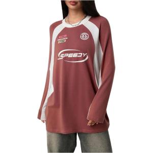 imageSHENHE Womens Oversized Jersey Shirt Graphic Print Crew Neck Color Block Raglan Sleeve Y2K Tee Shirt TopRed