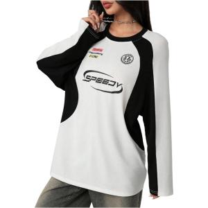 imageSHENHE Womens Oversized Jersey Shirt Graphic Print Crew Neck Color Block Raglan Sleeve Y2K Tee Shirt TopWhite