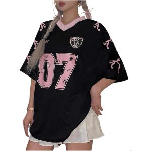 imageSHENHE Womens Plus Size Y2k Oversized Jersey Top Bow Graphic V Neck Half Sleeve Tee ShirtBlack