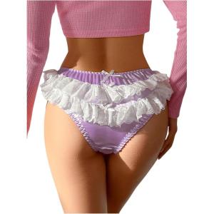 imageSHENHE Womens Ruffle Lace Trim Satin Underwear Low Rise Cute Bow Bikini PantyLilac Purple