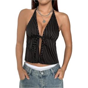 imageSHENHE Womens Striped Tie Front Top Open Back Deep V Halter Sexy Going Out Y2k Crop TopPinstripe Black White