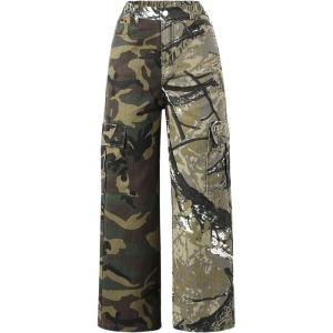 imageSHENHE Girls Camo Jeans Cargo Pants Color Block Straight Leg High Waisted Loose Cargo JeansArmy Green
