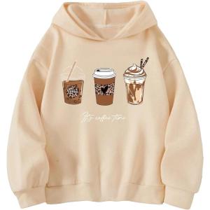 imageSHENHE Girls Coffee Graphic Hoodie Drop Shoulder Hooded Sweatshirts Casual Long Sleeve PulloversBeige