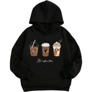 imageSHENHE Girls Coffee Graphic Hoodie Drop Shoulder Hooded Sweatshirts Casual Long Sleeve PulloversBlack