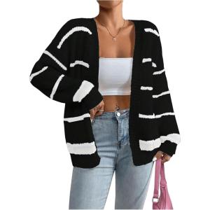 imageSHENHE Womens Open Front Colorful Striped Drop Shoulder Oversized Cardigan SweaterBlack and White